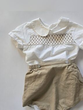 Classic White Peter Pan Collar Kids Top with Smocking And Shorts Set 9m